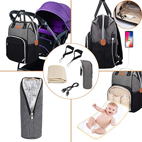 Mochila para Madre y bebé, Mochila para pañales de Gran Capacidad (con Puerto USB), Adecuada para Viajes de Madre Gris