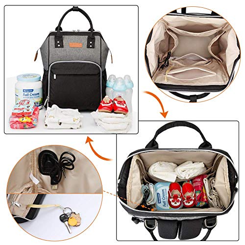 Mochila para Madre y bebé, Mochila para pañales de Gran Capacidad (con Puerto USB), Adecuada para Viajes de Madre Gris