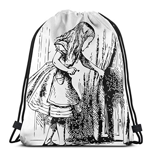 Mochilas con cordón Bolsas, Blanco y Negro Alice Mirando a través de Las Cortinas Hidden Door Adventure
