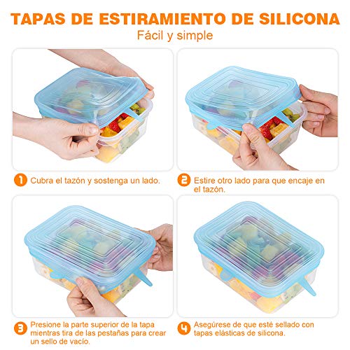 Modohe Tapas de Silicona Elásticas Reutilizables Ecológicas, 13 Paquetes de Cubiertas de Silicona para Alimentos, Tapas Expansibles Rectangulares & Redondas para uso en Lavavajilla, Microonda y Nevera