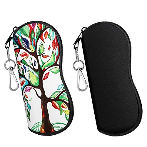 MoKo Funda de Gafas - 2 PZS [Ultra Ligero] Neopreno con Cremallera Almacenaje Lente Suave Sunglasses Case con Clip de Cinturón para Gafas, Bolsa de Llaves, Lápices, Tarjetas - Árbol de Suerte + Negro