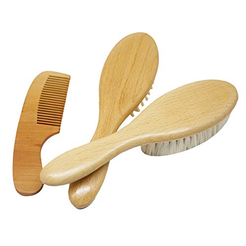 Molylove 3 pieza cepillo de pelo del bebé de madera y juego de peine | natural de cabra cepillo cerdas | madera cepillo de cerdas