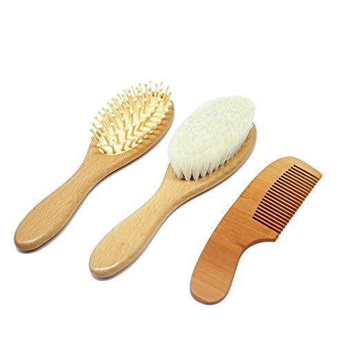 Molylove 3 pieza cepillo de pelo del bebé de madera y juego de peine | natural de cabra cepillo cerdas | madera cepillo de cerdas