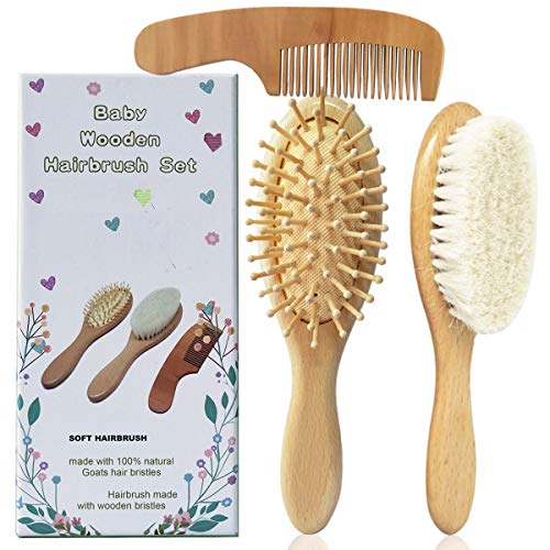 Molylove 3 pieza cepillo de pelo del bebé de madera y juego de peine | natural de cabra cepillo cerdas | madera cepillo de cerdas