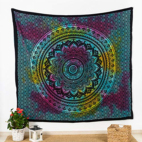 MOMOMUS Tapiz de Pared de Mandala - Hecho a Mano, de Algodón y Tintes Vegetales - Multicolor, de Inspiración Simétrica, Pareo/Toalla de Playa Grande - Elegante y Bohemio - 210x230cm Aprox.