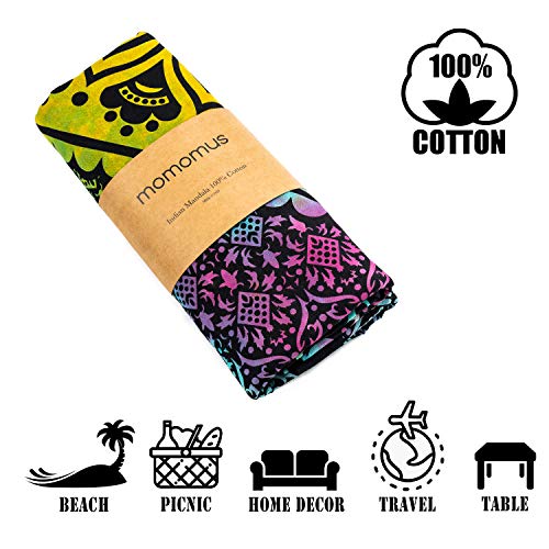 MOMOMUS Tapiz de Pared de Mandala - Hecho a Mano, de Algodón y Tintes Vegetales - Multicolor, de Inspiración Simétrica, Pareo/Toalla de Playa Grande - Elegante y Bohemio - 210x230cm Aprox.