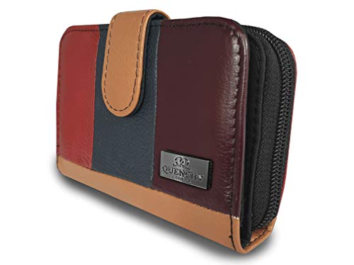 Monedero de Cuero Real RFID y Bloqueo NFC con 2 Secciones de Monedas con Cremallera, 5 Bandejas de Monedas, 6 Ranuras para Espacios de Tarjetas de Crédito y Débito 14cm x10 x3 QL841M (Multicolor)