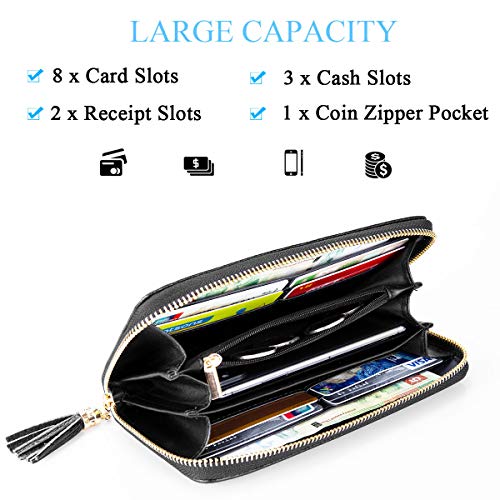 Monedero Grande de Mujer RFID Blocker Cartera de Piel Porta Tarjetas de Crédito, Negro