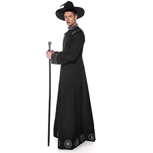Mono de Bruja de Hombre Halloween Cosplay Asistente Medieval Traje de Manga Larga Ropa de Juego de Mascarada Maquillaje(Negro,M)