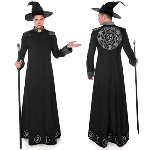 Mono de Bruja de Hombre Halloween Cosplay Asistente Medieval Traje de Manga Larga Ropa de Juego de Mascarada Maquillaje(Negro,M)