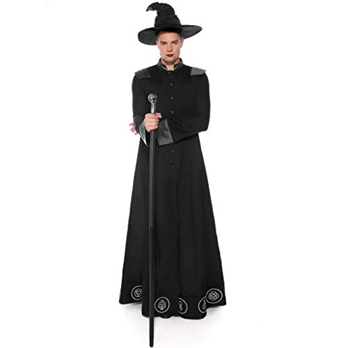 Mono de Bruja de Hombre Halloween Cosplay Asistente Medieval Traje de Manga Larga Ropa de Juego de Mascarada Maquillaje(Negro,M)