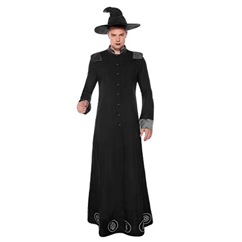 Mono de Bruja de Hombre Halloween Cosplay Asistente Medieval Traje de Manga Larga Ropa de Juego de Mascarada Maquillaje(Negro,M)