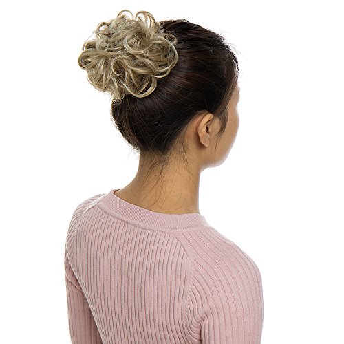 Moño Postizo Rizado con Goma Pelo Sintético Se Ve Natural Extensiones de Cabello Coletero Peinado Alto Recogido Ondulado (30g,Rubio Ceniza a Blanqueador Rubio)