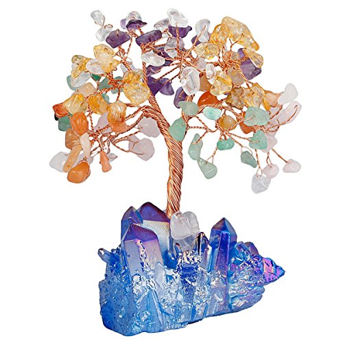 Mookaitedecor - Árbol de la vida con piedra de cristal curativa y base de clúster, decoración de la riqueza de buena suerte, Multicolor & Titanium Coated Blue
