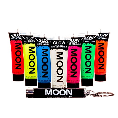 Moon Glow - Pintura facial y corporal que brilla en la oscuridad - Juego de 7 de 12 ml - fosforescente - Carga para brillar - incluye llavero UV