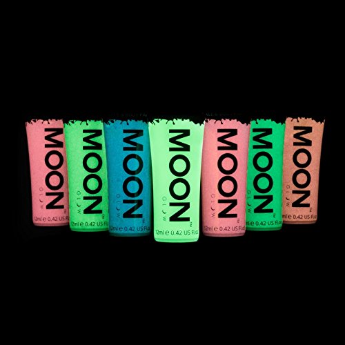 Moon Glow - Pintura facial y corporal que brilla en la oscuridad - Juego de 7 de 12 ml - fosforescente - Carga para brillar - incluye llavero UV