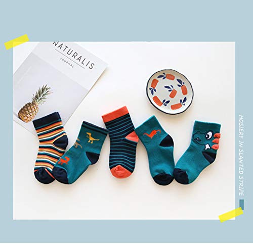 Morbuy Calcetines para Niños, Pack de 5 Pares de Antideslizante Calcetines Para Niños Algodón Rico (M (pie largo 15-17cm), Dinosaurio)