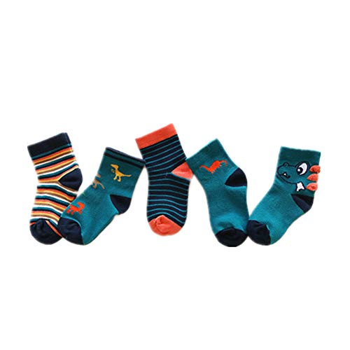 Morbuy Calcetines para Niños, Pack de 5 Pares de Antideslizante Calcetines Para Niños Algodón Rico (M (pie largo 15-17cm), Dinosaurio)