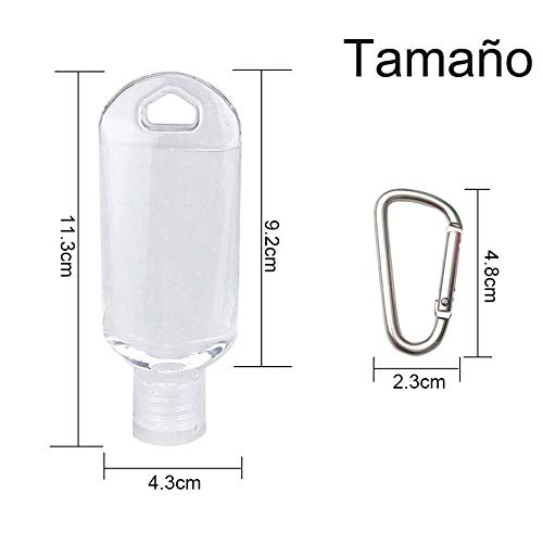 MoreCro 5 Piezas Botellas de Viaje Portátiles de 50ml con 2 Embudos, Contenedores Vacíos de Desinfectante de Manos con Mosquetón de Gancho, Clip para Cinturón, Plástico (Color de Gancho Aleatorio)