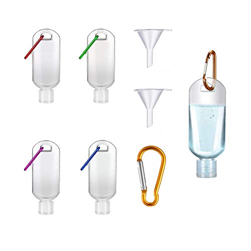 MoreCro 5 Piezas Botellas de Viaje Portátiles de 50ml con 2 Embudos, Contenedores Vacíos de Desinfectante de Manos con Mosquetón de Gancho, Clip para Cinturón, Plástico (Color de Gancho Aleatorio)