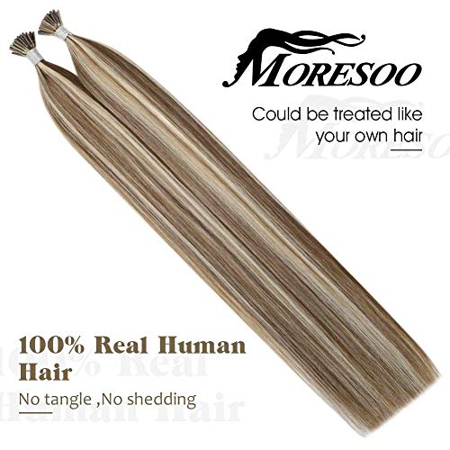 Moresoo 16 Pulgada Cabello humano I tip Extensions Piano Color #9A Brown Highlights with Platinum Blonde Hair Extensions 40g 0.8g/s 100 Remy Cabello Humano Extensions Tips