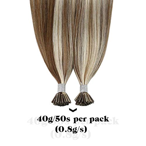 Moresoo 16 Pulgada Cabello humano I tip Extensions Piano Color #9A Brown Highlights with Platinum Blonde Hair Extensions 40g 0.8g/s 100 Remy Cabello Humano Extensions Tips
