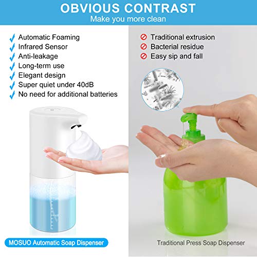 MOSUO Dispensador de Jabón Automático, 350ml Dispensador Jabón con Sensor Infrarrojo Carga USB y IPX4 Impermeable Inteligente Dispensador Jabón para Baño Cocina Oficina Hotel Hospital