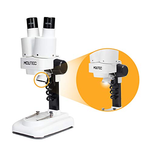 Moutec Kids Microscopio estéreo LED portátil 20X-40X herramienta científica para la educación para magnificar y explorar el micromundo, viene con piedras pequeñas coloridas y adaptador para smartphone