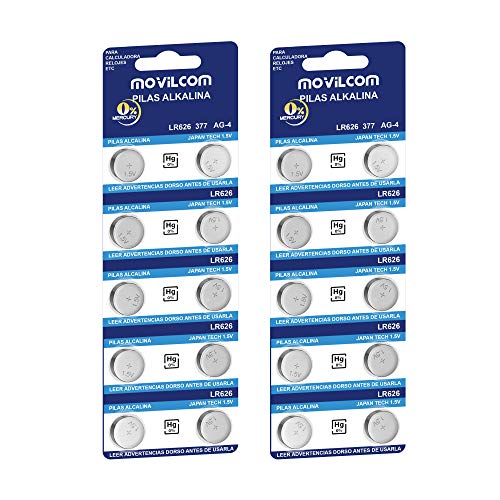 MovilCom® - 20 Pilas botón AG4 Pila Reloj 1.5V Equivalente a 377, 377A, LR626, V377, 377S, D377, SR626SW, SR66, SR626, S626E, SR628SW, LR626SW, SR66SW, SR625SW
