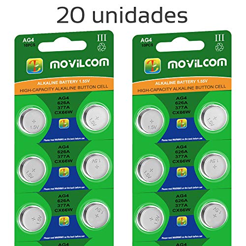 MovilCom® - 20 Pilas botón AG4 Pila Reloj 1.5V Equivalente a 377, 377A, LR626, V377, 377S, D377, SR626SW, SR66, SR626, S626E, SR628SW, LR626SW, SR66SW, SR625SW