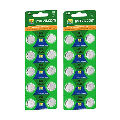 MovilCom® - 20 Pilas botón AG4 Pila Reloj 1.5V Equivalente a 377, 377A, LR626, V377, 377S, D377, SR626SW, SR66, SR626, S626E, SR628SW, LR626SW, SR66SW, SR625SW