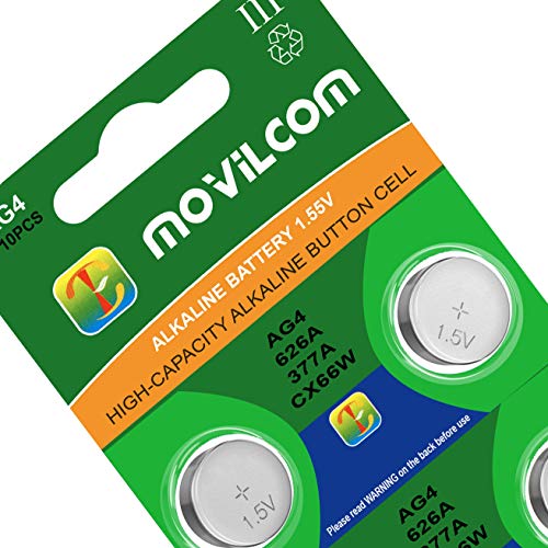 MovilCom® - Pila botón AG4 Pila Reloj 1.5V Equivalente a 377, 377A, LR626, V377, 377S, D377, SR626SW, SR66, SR626, S626E, SR628SW, LR626SW, SR66SW, SR625SW