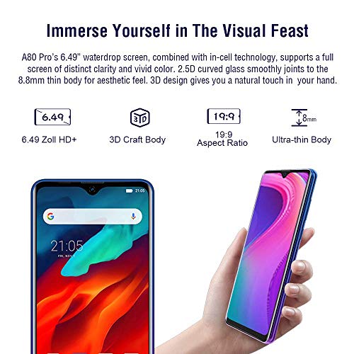 Moviles Libres, Blackview A80 Pro Smartphone Libre (2020), 6.49” 19:9 HD+ Pantalla, Helio P25 Octa-Core 4GB RAM 64GB ROM, 4680mAh, Cámara 13MP+8MP+0.3MP+0.3MP, 4G Android 9.0, Dual SIM (Azul)