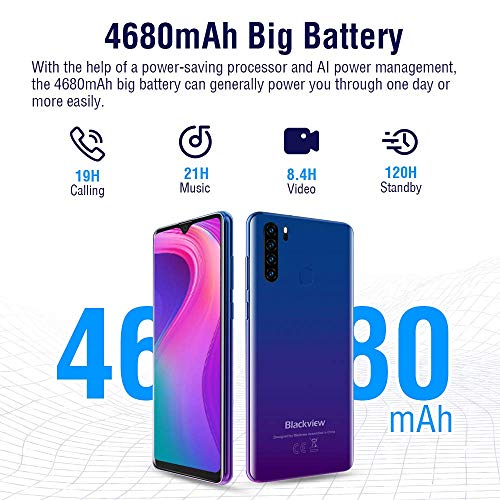 Moviles Libres, Blackview A80 Pro Smartphone Libre (2020), 6.49” 19:9 HD+ Pantalla, Helio P25 Octa-Core 4GB RAM 64GB ROM, 4680mAh, Cámara 13MP+8MP+0.3MP+0.3MP, 4G Android 9.0, Dual SIM (Azul)