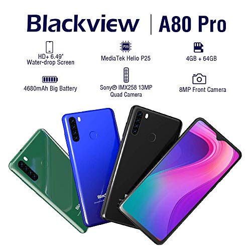 Moviles Libres, Blackview A80 Pro Smartphone Libre (2020), 6.49” 19:9 HD+ Pantalla, Helio P25 Octa-Core 4GB RAM 64GB ROM, 4680mAh, Cámara 13MP+8MP+0.3MP+0.3MP, 4G Android 9.0, Dual SIM (Azul)