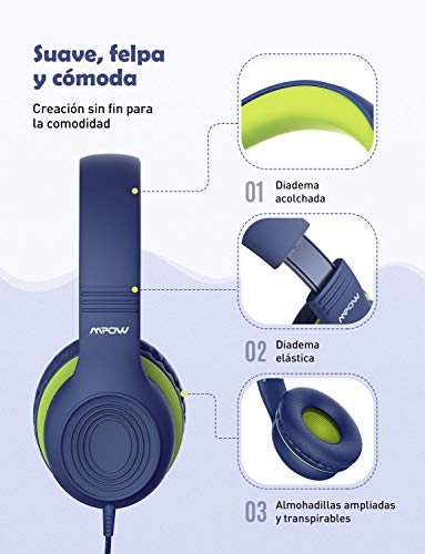 Mpow CH6 Auriculares para niños, Volumen Limitado en el oído Auriculares para niños con Conector de Audio de 3.5 mm para niños, niñas y niños, Auriculares con Cable Ajustable y Plegable con micrófono
