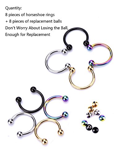 Mudder 8 Piezas Aro de Nariz de Herradura Pendiente de Nariz con 8 Piezas de Bolas de Reemplazo Aros Multifuncional de Perforación de Cuerpo, 4 Colores