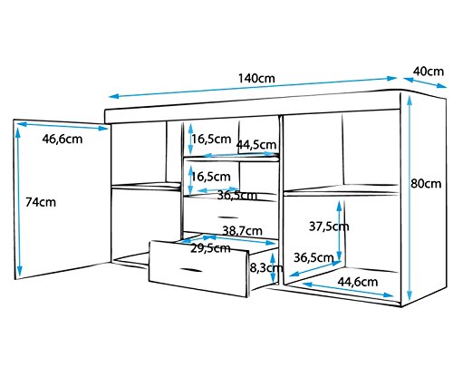 muebles bonitos Aparador Moderno Modelo Roque Blanco de melamina Brillo Ancho 140cm Alto 80cm Profundo 40cm