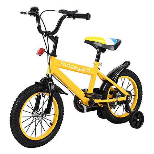 MuGuang 14 Pulgadas Bicicleta Infantil Estudio Aprendizaje Montar a Caballo Bicicleta niños niñas Bicicleta con ruedines con Campana por 3-8 años (Amarillo)