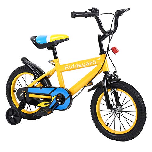 MuGuang 14 Pulgadas Bicicleta Infantil Estudio Aprendizaje Montar a Caballo Bicicleta niños niñas Bicicleta con ruedines con Campana por 3-8 años (Amarillo)