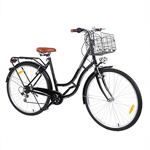 MuGuang 28 Pulgadas 7 Velocidades Señoras Ciudad Bicicleta Estilo Holandés Bicicleta Deportes al Aire Libre Ciudad Urbana Bicicleta Shopper Bicicleta Luz + Cesta + Campana + Batería-Powered Luz（Negro）