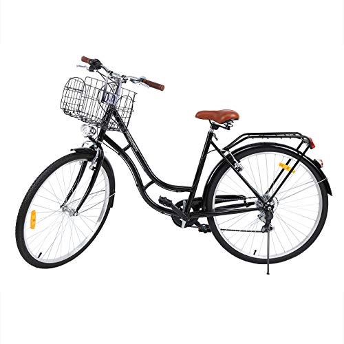 MuGuang 28 Pulgadas 7 Velocidades Señoras Ciudad Bicicleta Estilo Holandés Bicicleta Deportes al Aire Libre Ciudad Urbana Bicicleta Shopper Bicicleta Luz + Cesta + Campana + Batería-Powered Luz（Negro）