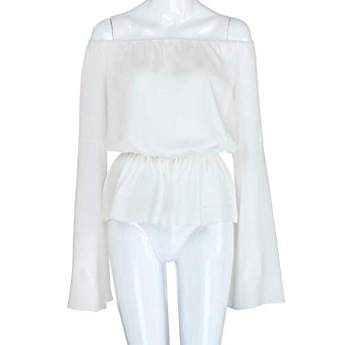 Mujer Blusa De Carmen Trompeta Manga Barco Cuello Fuera del Hombro Camisas Elegantes Otoño Primavera Fashion Especial Estilo Chiffon Color Sólido Casuales Blusa Tops Shirt