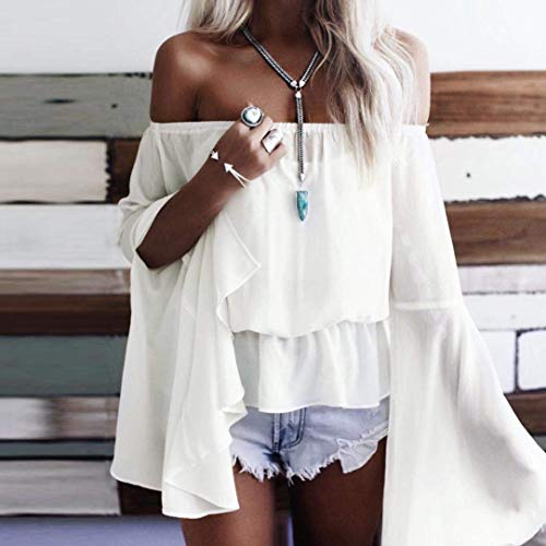 Mujer Blusa De Carmen Trompeta Manga Barco Cuello Fuera del Hombro Camisas Elegantes Otoño Primavera Fashion Especial Estilo Chiffon Color Sólido Casuales Blusa Tops Shirt