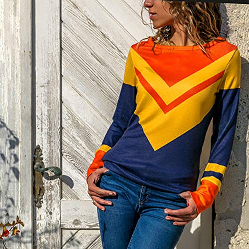 Mujer Polyester Ajustado Blusa Moda Patchwork Casual para Mujer Color Block O-Neck Manga Larga Camiseta Tops Otoño e Invierno Tallas Grandes riou