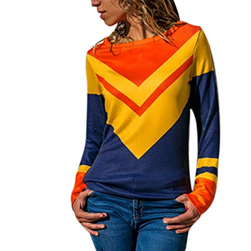 Mujer Polyester Ajustado Blusa Moda Patchwork Casual para Mujer Color Block O-Neck Manga Larga Camiseta Tops Otoño e Invierno Tallas Grandes riou