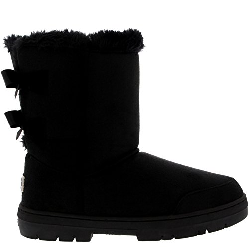 Mujer Twin Bow Tall Classic Fur Impermeable Invierno Rain Nieve Botas - Negro - 39