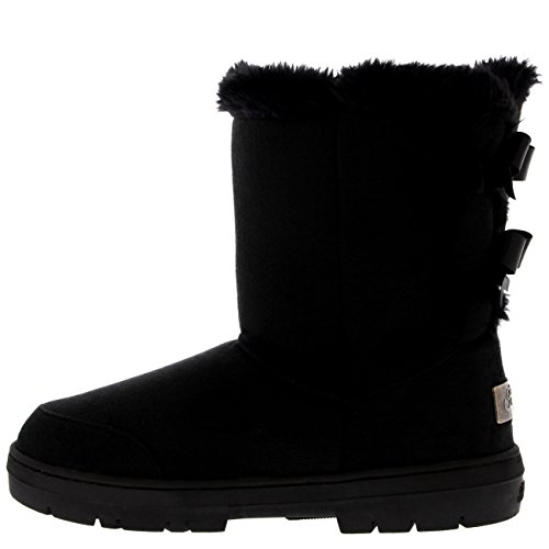 Mujer Twin Bow Tall Classic Fur Impermeable Invierno Rain Nieve Botas - Negro - 39
