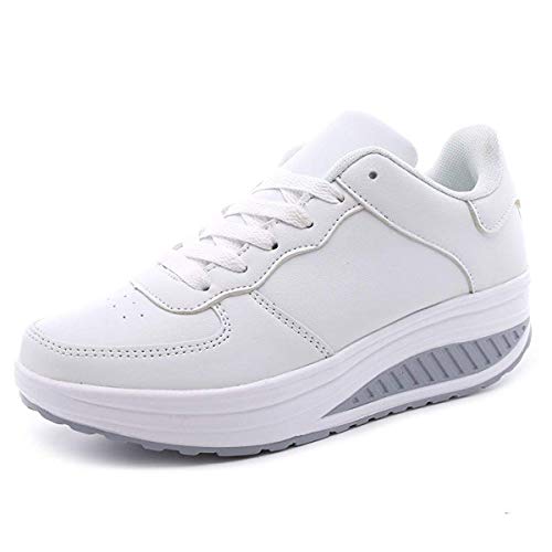 Mujer Zapatillas de Deporte Cuña Zapatos para Caminar Aptitud Plataforma Sneakers con Cordones Calzado de Tacón 4cm Blanco EU 38
