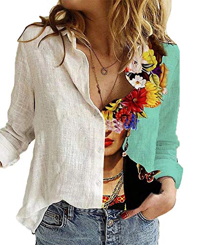 Mujeres Casual Lino Algodón Tallas Grandes Blusa de Pintura al óleo Respirable Manga enrollada Cuello en V Suelto S-XXXXXL